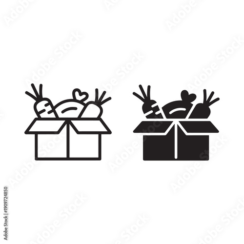 Black and white line icons of a cardboard box filled with produce
