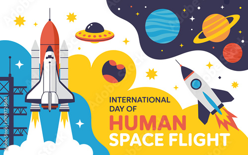 International Day of Human Space Flight colorful illustration with rockets and planets