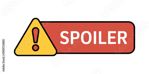 Spoiler alert warning sign with exclamation mark and red box on white background