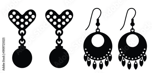 An assortment of earring silhouettes in various shapes and styles. black and white jewelry icons set, vector illustration.