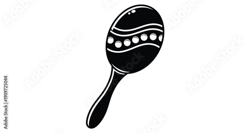 Black silhouette of a maraca instrument with white decorative lines and dots on a plain white background