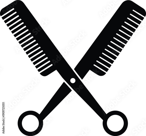 Two crossed barber tools featuring scissors and combs in stark black silhouette