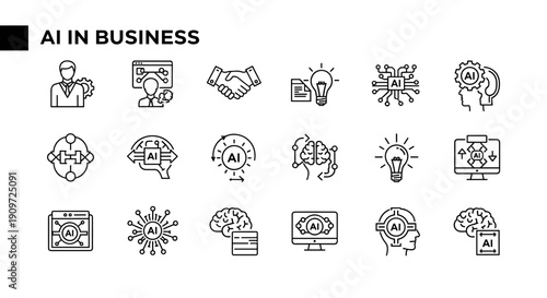 A collection of fifteen black line art icons illustrates concepts of artificial intelligence in business with gears, brains, circuits, and robots.
