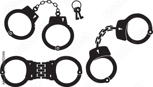 Handcuffs Silhouette: A collection of various handcuff designs, each conveying themes of authority, constraint, and security, presenting a visual representation of law enforcement and justice.