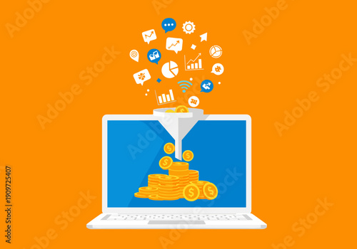 Digital marketing funnel on a laptop screen converting icons into stacks of golden coins.