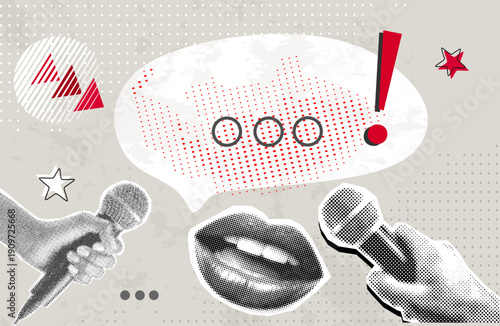 Trendy Halftone Collage Journalist's mouth screams into microphone. Social media interview. Daily news. Reporter with audio equipment. Press conference. Contemporary vector illustration art	