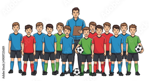 A soccer team portrait with a coach holding a clipboard and soccer balls