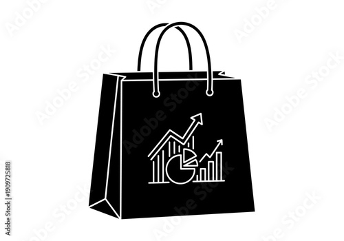 Black shopping bag features white line icons of financial charts and graphs, representing retail sales and market performance.