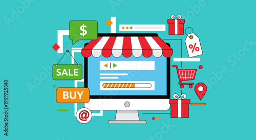 Desktop computer displays e-commerce website with shopping cart, sale, buy, and price tag icons on teal background.