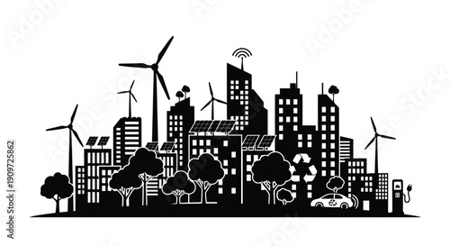 Black silhouette cityscape with wind turbines and eco-friendly buildings