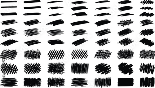 Set of black messy hand drawn brush strokes and scribbles on transparent background