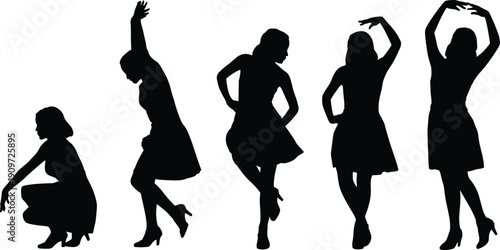 Female dance silhouette poses in elegant motion, expressive woman dancer figures for art, posters, fashion design and creative projects