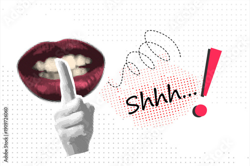 Trendy halftone collage finger lips gesture symbolizing shh silence, shut up, protest and provocative expression. Shut Up Lips and Finger Gesture – Silence Hand Signs,	