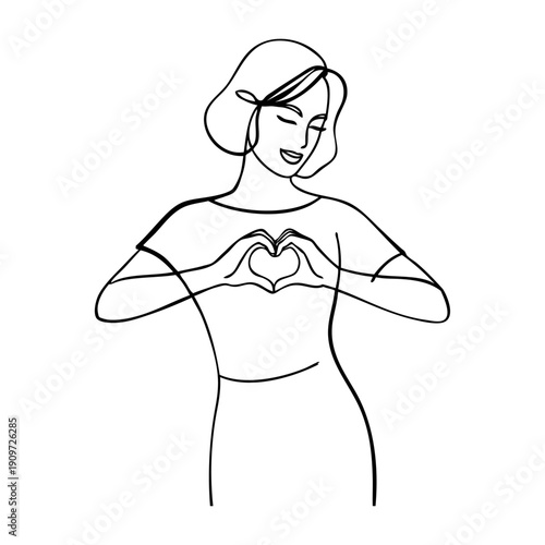 Dibujo con línea continua de una mujer con dos manos formando un corazón, para tarjetas y felicitaciones de San Valentín