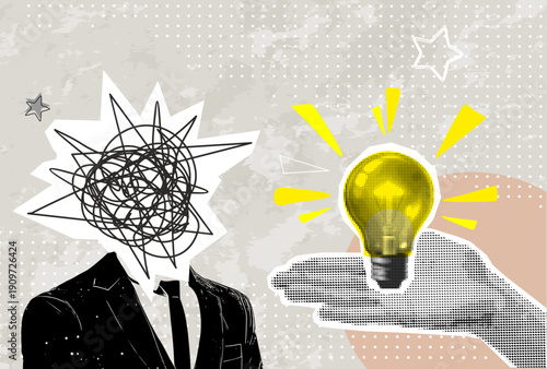 Modern collage with businessman with a Chaotically tangled line for a head, and hand holding light bulb. Problem and solution concept. Brainstorm. Perfect for focused on brainstorming and ideas.	