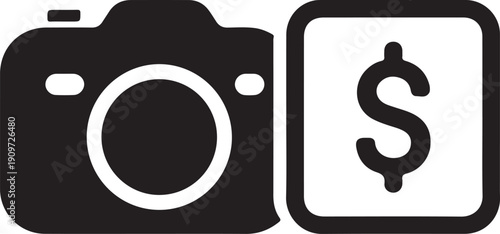 Black and white camera next to a dollar sign symbol