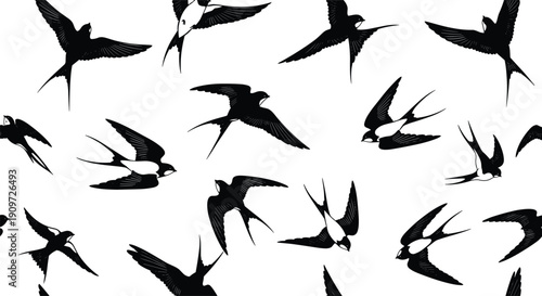 Seamless Pattern Background Featuring Detailed Black and White Silhouettes of Barn Swallows in Various Flying Poses for Nature and Wildlife Graphic Designs