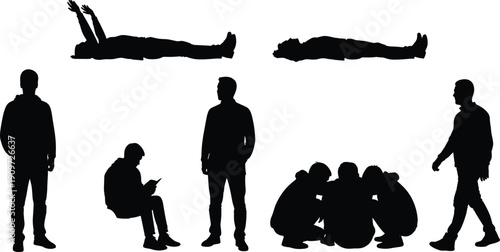 Collection of people silhouettes in various poses including lying down, sitting, standing, walking, and groups of friends talking, lifestyle graphics,