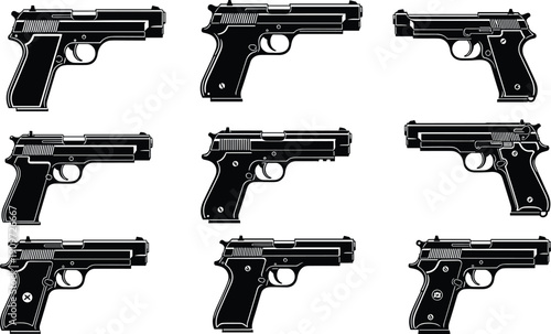 Semi-automatic handgun vector illustration set featuring various modern pistol models and firearm silhouettes for security, law enforcement, and self defense graphic design projects.
