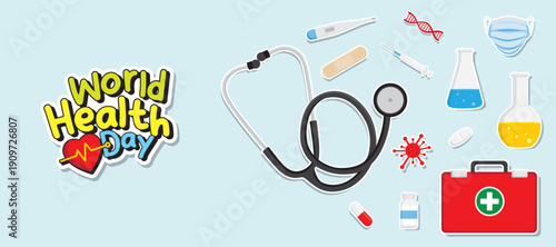 World Health Day concept with stethoscope, medical kit and healthcare icons on soft background. Modern flat lay for global health awareness.