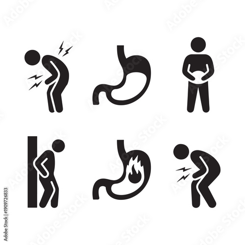 Illustrations depicting abdominal pain discomfort and human digestive system