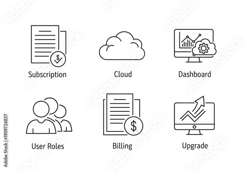Line icons representing various business and software service concepts like subscription, cloud, dashboard, user roles, billing, and upgrades.