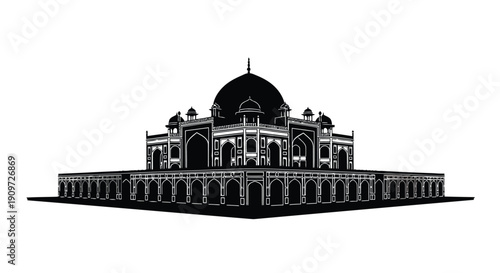Black silhouette of a large domed building with arches and columns