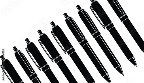 Set of Ballpoint Pen Vector Illustrations, Black and White Office Stationery Icon, Clickable Ink Pen Technical Drawing for Business Design Template,