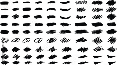 Various hand drawn scribbles and brush marks in black on transparent background