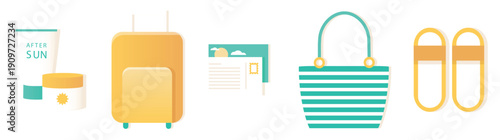 Set of summer beach stickers. Tropical vacation line art icons. Holiday travel graphic elements. Set of summer beach stickers. Holiday travel graphic elements, vector illustration.