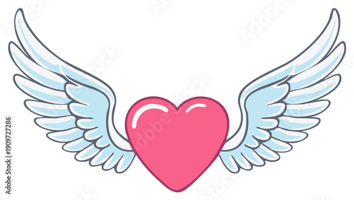 Vibrant pink heart with stylized white wings celebrating love affection and freedom