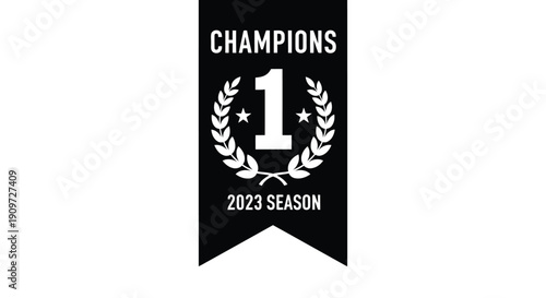 Minimalist black banner with white Champions 1 2023 Season text and laurel wreath symbol