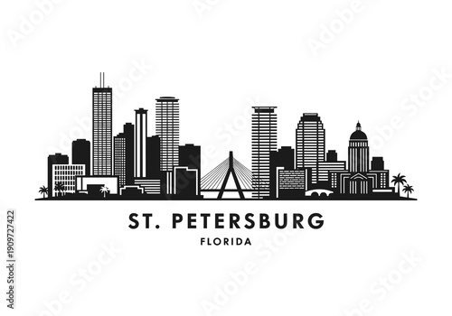 Black silhouette skyline of St. Petersburg, Florida, featuring modern buildings, a bridge, and palm trees.