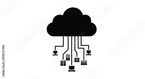 Black cloud computing symbol silhouette with connected devices