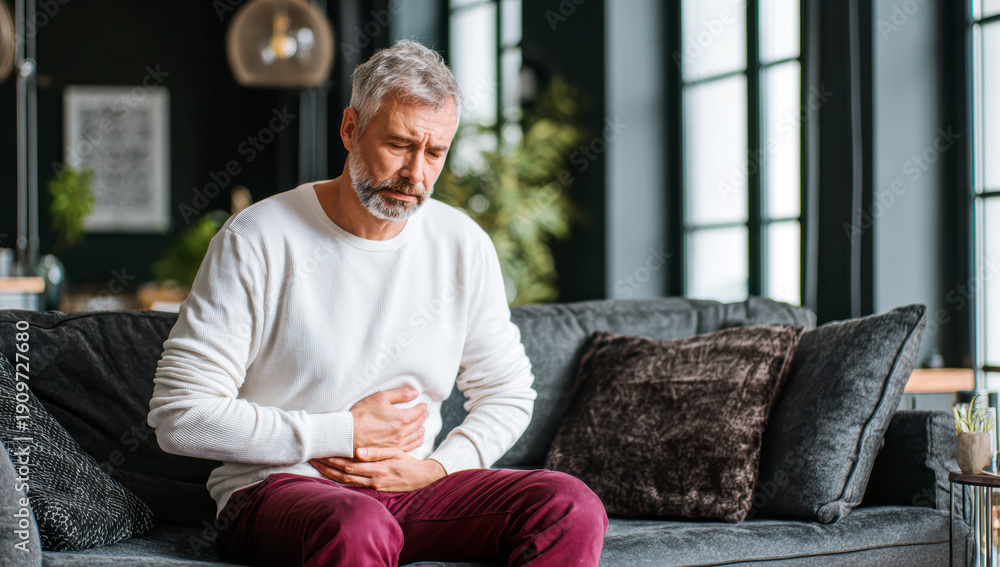 Fototapeta premium Mature man holding his stomach, experiencing intense pain and discomfort due to indigestion or illness at home