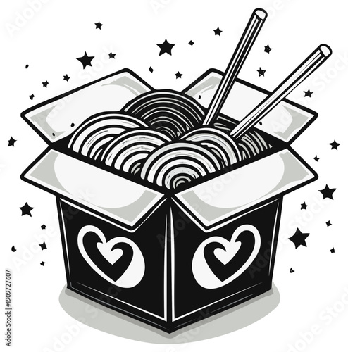 Black and white illustration of noodles in a box with chopsticks and star decorations.