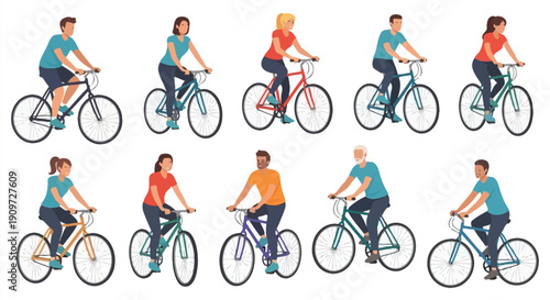 Diverse group of people riding bicycles in a colorful illustrated style