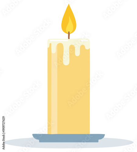 Burning Candle Icon with Creamy Wax Dripping, Flame Symbol, Vector Flat Illustration