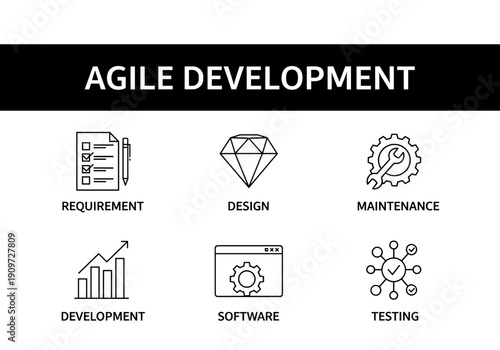 Six line art icons representing different stages of agile software development process displayed on a white background.