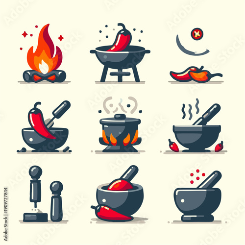 Barbecue grill with fire icon illustration for cooking meal and restaurant design