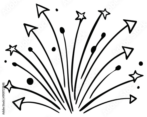 Drawn arrows and stars pointing upwards in a radial design, abstract celebratory graphic