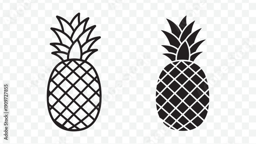 Black and white pineapple icons, vector illustration, fruit symbol, tropical design element, for logo or icon, isolated on Transparent Background