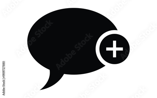 A black speech bubble icon with a plus sign on a white background