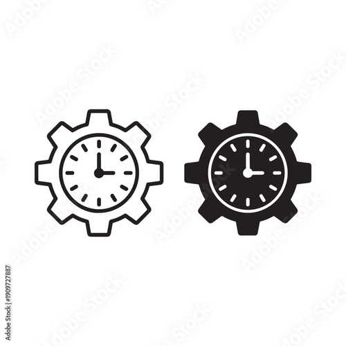 Black and white illustration of three gear shaped clocks with hands