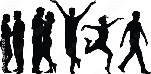 People silhouettes expressing love, dance and freedom, romantic couples and energetic movement poses, lifestyle, celebration and emotional human connection