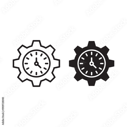 Black and white illustration of two gears with clock faces inside