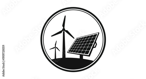 Minimalist black logo icon of solar panel and wind turbines in circle