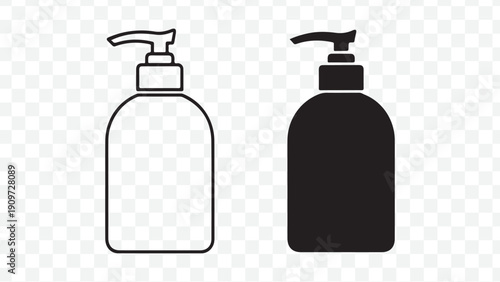 Vector illustration of soap or lotion dispenser bottles, black outline and filled, for icon or graphic design, isolated on Transparent Background