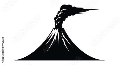Erupting volcano silhouette with smoke and ash on white background