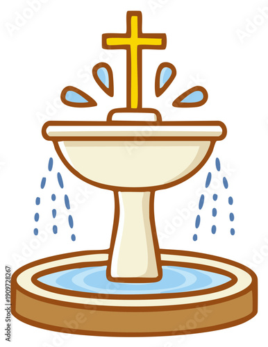 Cartoon Baptismal Font with Holy Water Depicting Christian Symbolism and Rituals in Cute Style